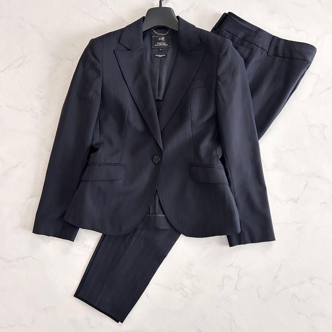 美品 23区 パンツスーツ セットアップ 濃紺 ストライプ 34 小さいサイズ