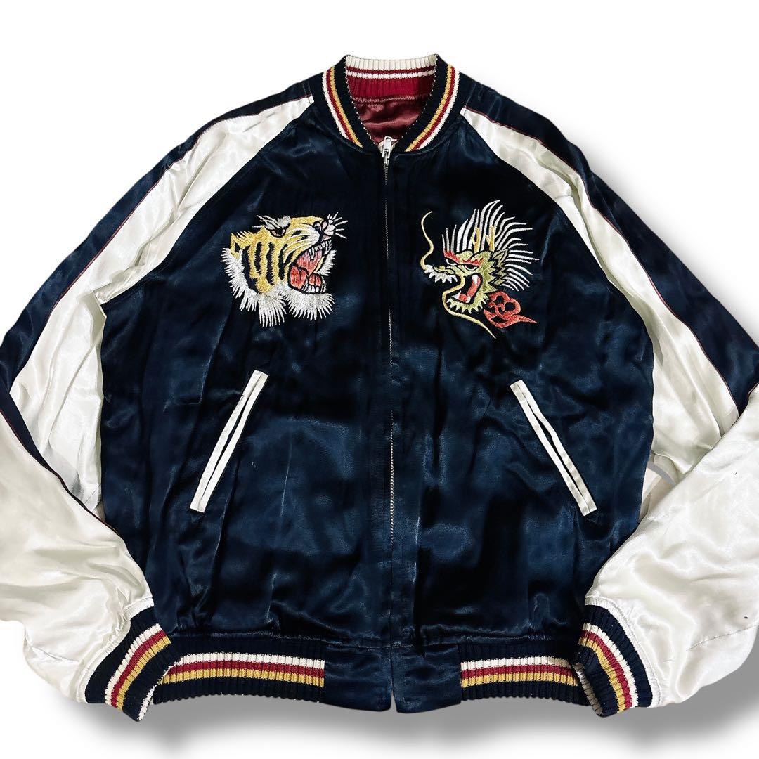 美品 The Flat Head スカジャン リバーシブル 刺繍 龍 虎 黒