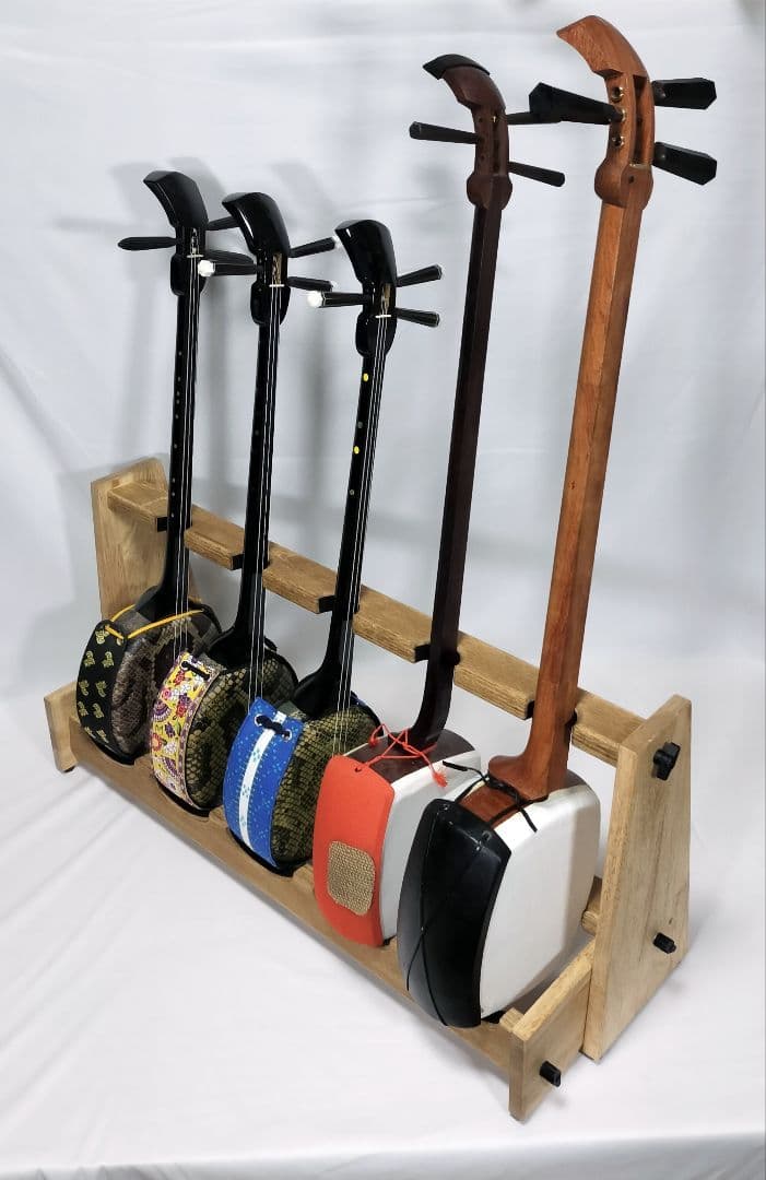 ♪あずきまる　手作り　三味線用スタンド　木製　5丁並び　細棹　津軽　三線♪