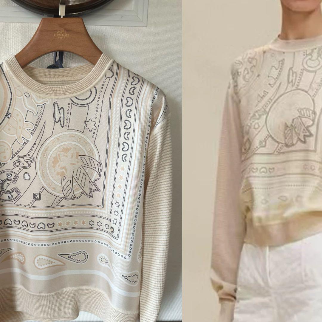 スカーフシルク地とニットの高品質マダムトップスセーター