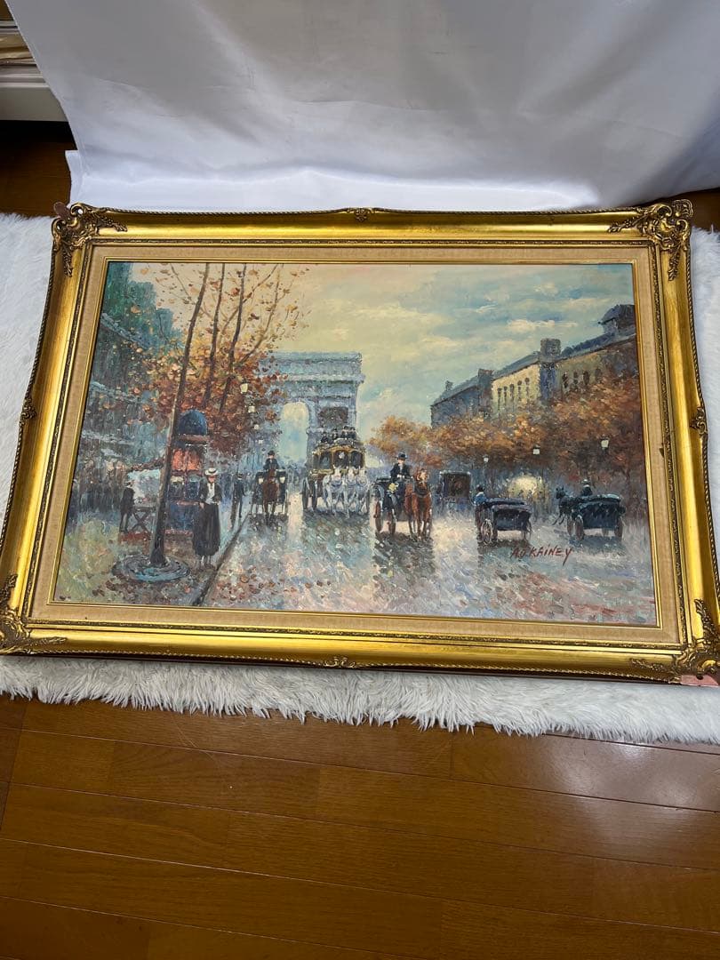 額入り特大106.0cm油彩絵 パリ凱旋門の風景 1133