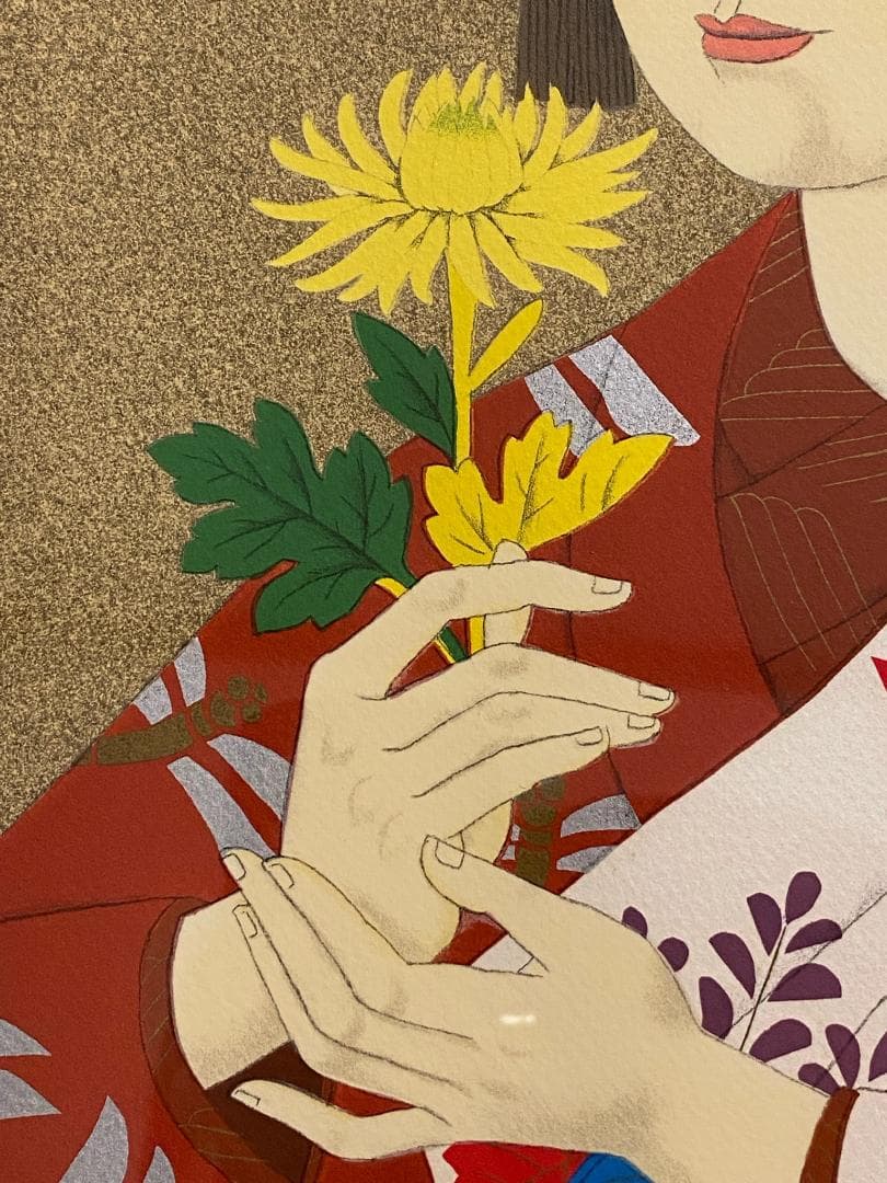 真作」森田曠平版画「菊持おとめ」魅惑の美人89/100サイン入り