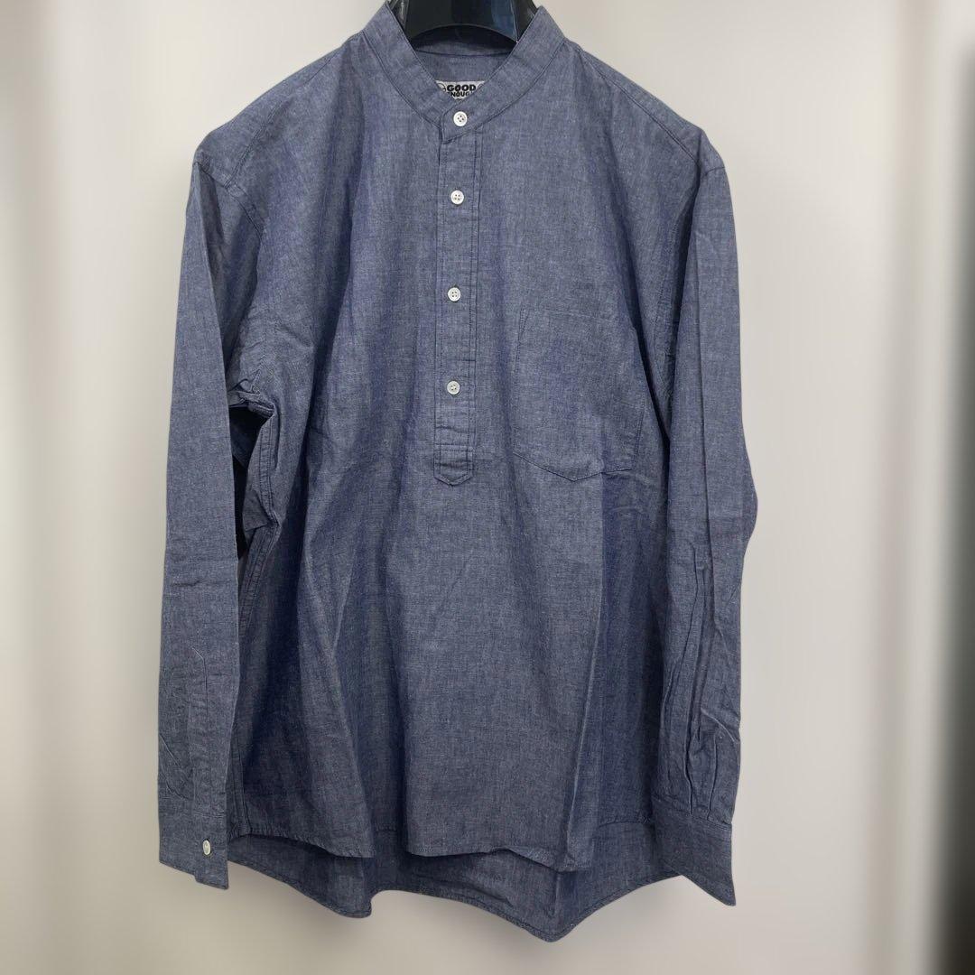 デッドストック　グッドイナフ シャンブレー　ノーカラーシャツ　ネイビー　Ｍ 着丈リメイク US.NAVY シャンブレーシャツ '90s デッドストック