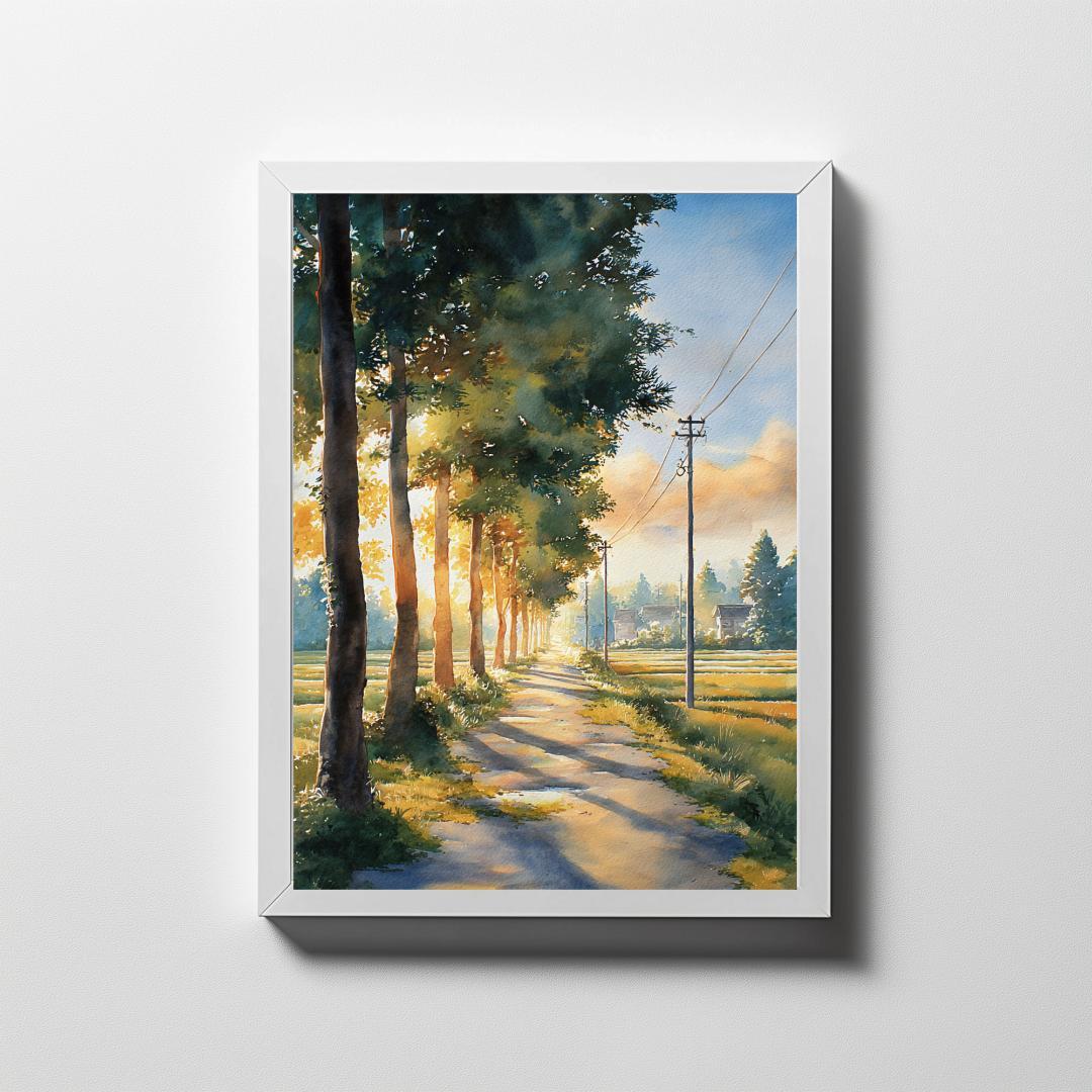 A4 日本の田舎風景 夏の早朝 風景画 インテリアポスター アート 水彩画