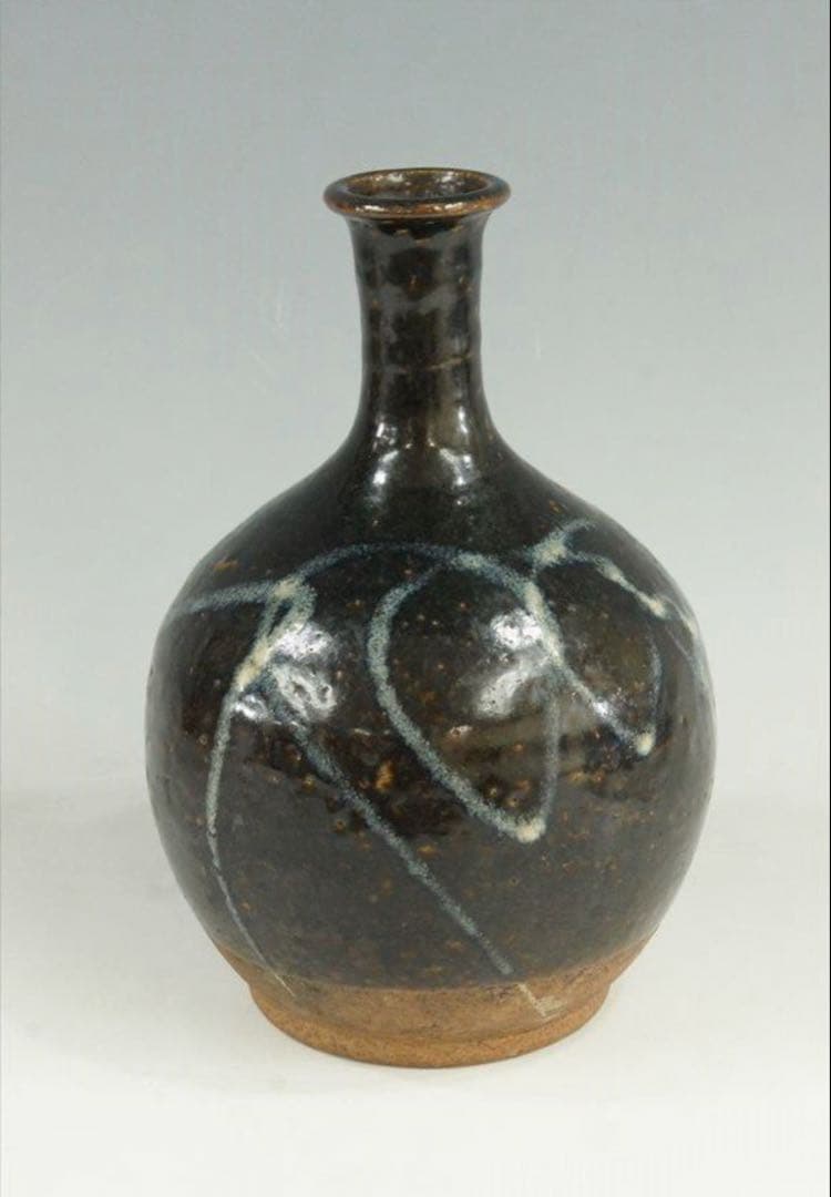 花器 古唐津 武雄系 素麺手 黒釉 茶道具 懐石 茶道 徳利 花入 骨董 古美術