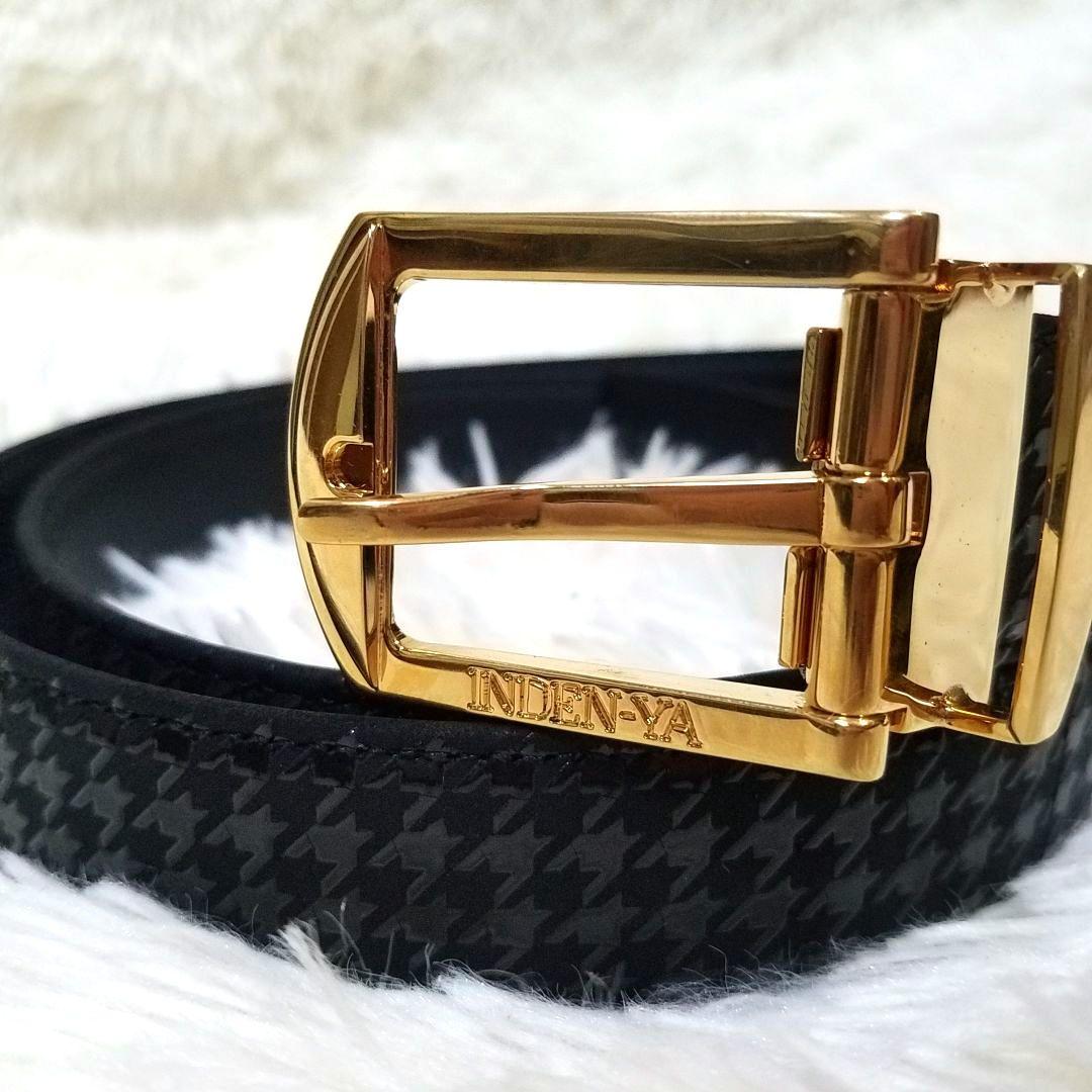 極美品・新品同様】印傳屋 ベルト レザー ゴールド金具 型押し 黒 総柄