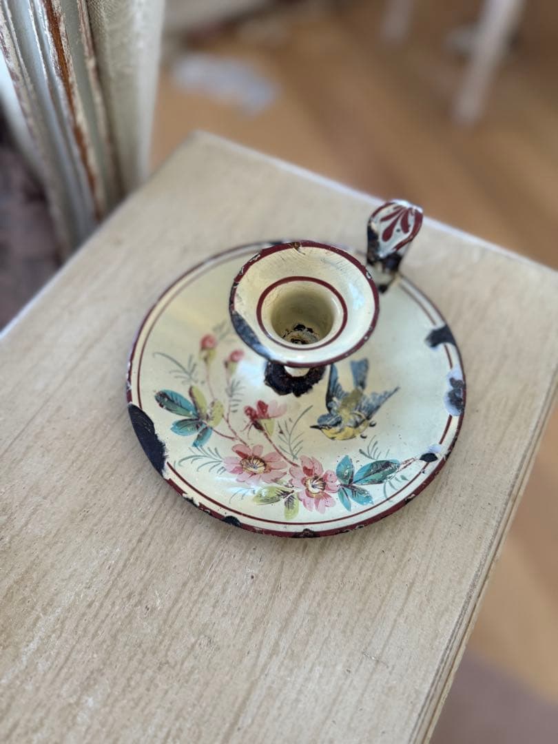 フランスアンティーク花と鳥のハンドペイントホーローキャンドルホルダー