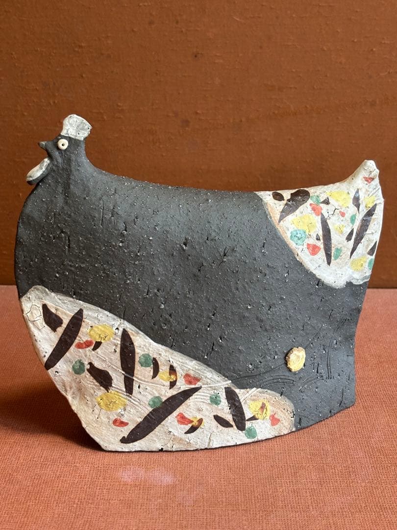 やまちゃん様専用河井寛次郎作色絵草花文鶏形置物 森の一番鶏夜から朝