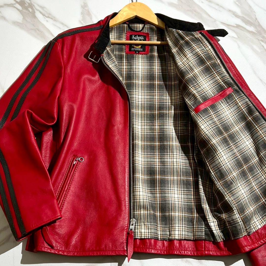 【超希少】ショット ライダースジャケット XLサイズ カウレザー チェック 赤