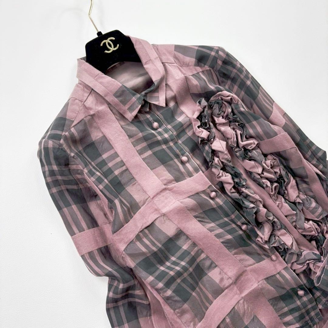 チカキサダ 長袖 フリルデザイン ブラウス チェック リボン アシンメトリー