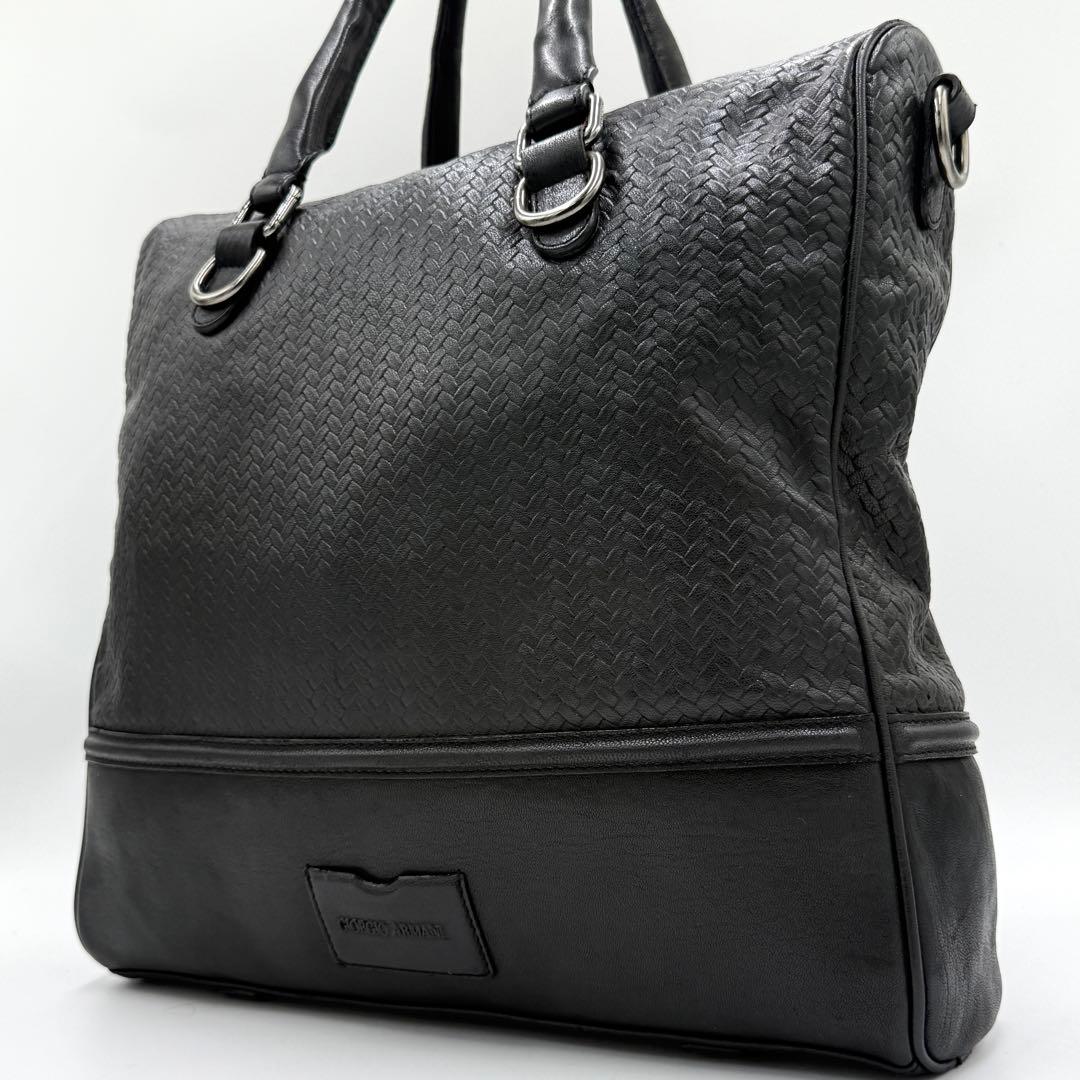 【美品】ジョルジオアルマーニ トートバッグ メッシュデザイン A4可 レザー 黒