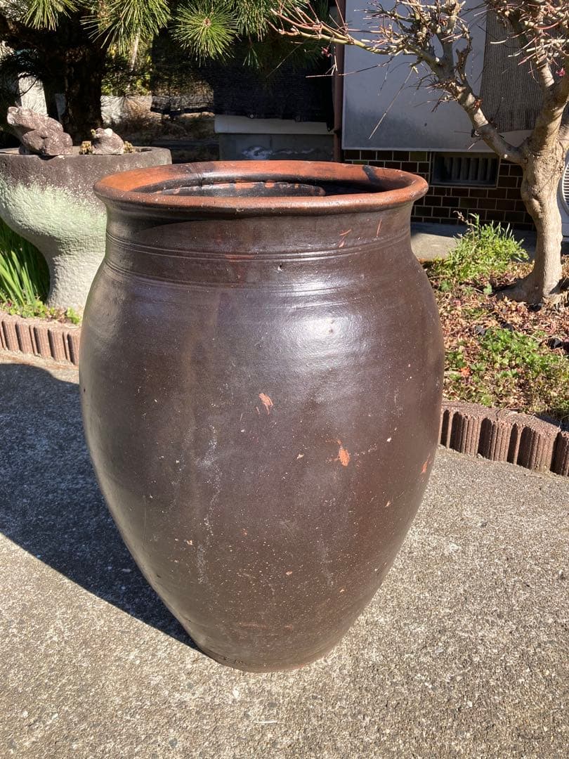 【存在感抜群】 古い甕 貯蔵壺 古民具 時代物 陶器 ごげ茶59センチ。