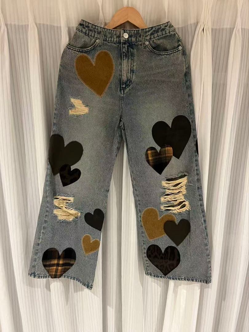 Darich ハートパッチワークデニムパンツ新品 ハート型パッチデザインS