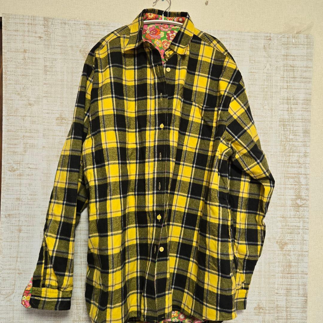 yu13 仲里依紗Eリバーシブル 長袖シャツ イエロー ブラック チェック Sibra（シブラ） ブラウス シャツ デニム襟配色×パッチポケット付き