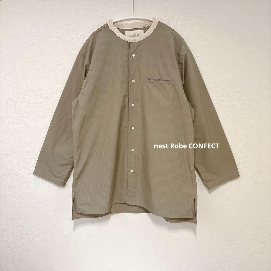【美品】ネストローブコンフェクト　ストライプバンドカラーシャツ　綿麻　グレー　4