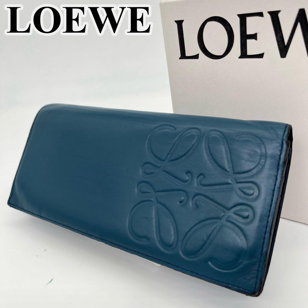 LOEWE 長財布 フラップウォレット アナグラム デカロゴ ネイビー レザー