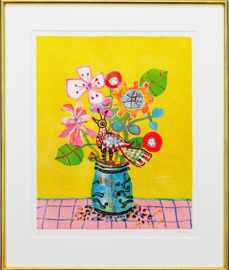 【真作保】アイズピリ 「ピンクのテーブルの花束と鳥」リトグラフ 10号大 直筆S