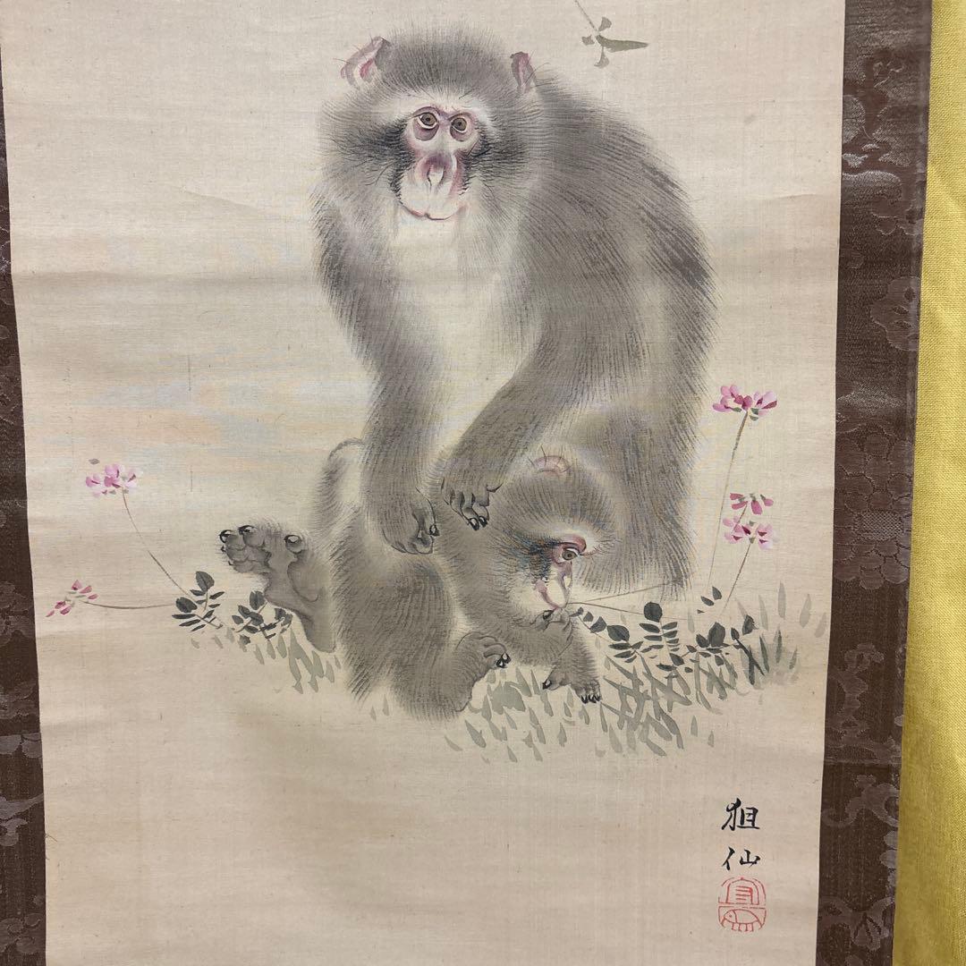 江戸時代中後期【森祖仙(狙仙)】　絹本淡彩 桜に猿　古美術　a8