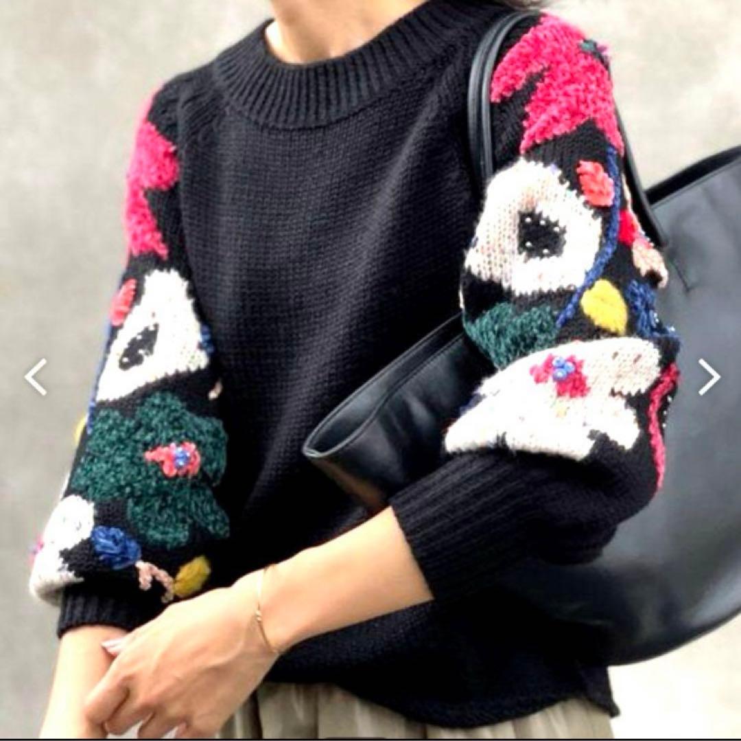 BEARDSLEY ビアズリー 袖ジャガードニット カラフル フラワー ブラック