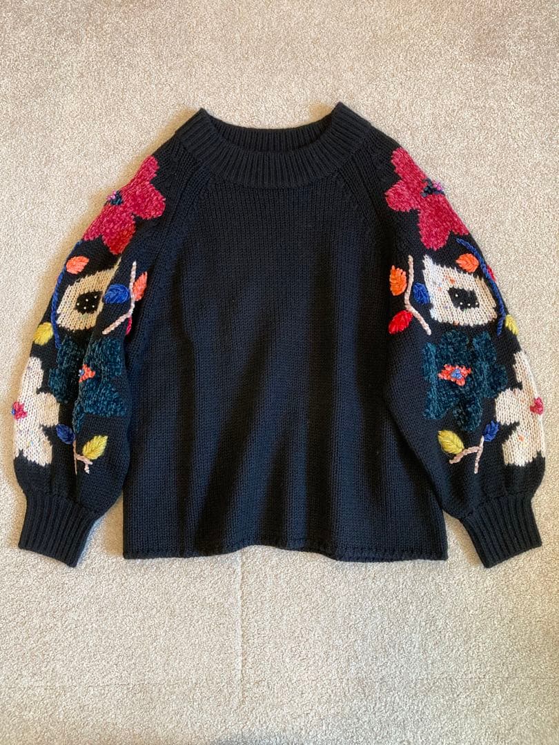 BEARDSLEY ビアズリー 袖ジャガードニット カラフル フラワー ブラック