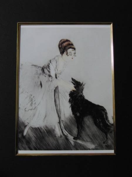 ルイ・イカール限定版・アールデコ/黒い犬、希少な額装用画集より、新品高級額装付