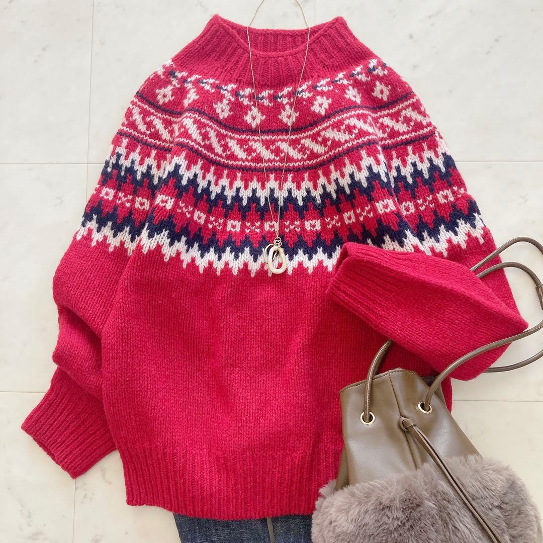 美品　Harley of Scotland ハイネックノルディックニット　赤系