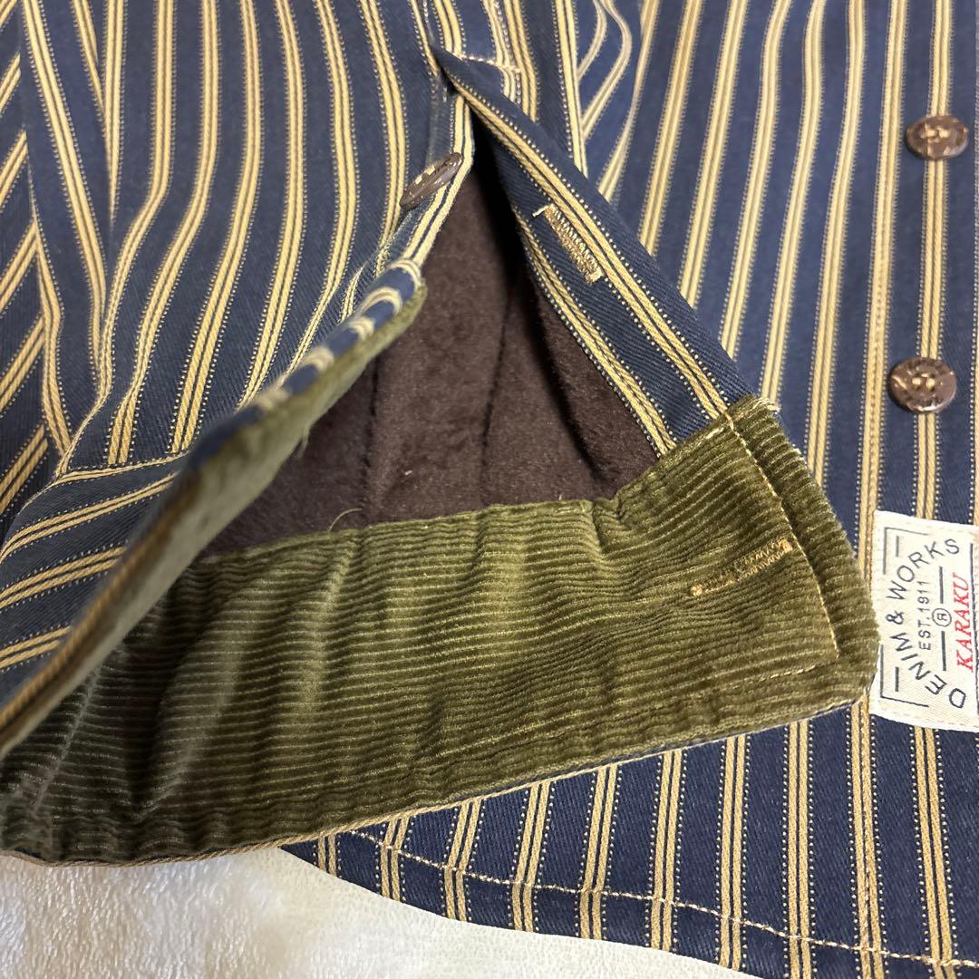 Karaku 刺繍コーデュロイ切替裏フリースストライプシャツ - メルカリ