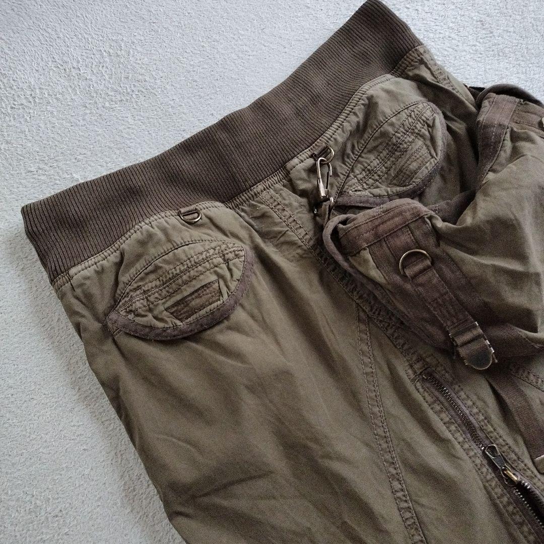 希少goaミリタリーポーチ付きロングスカートy2k カーキリネンジップ