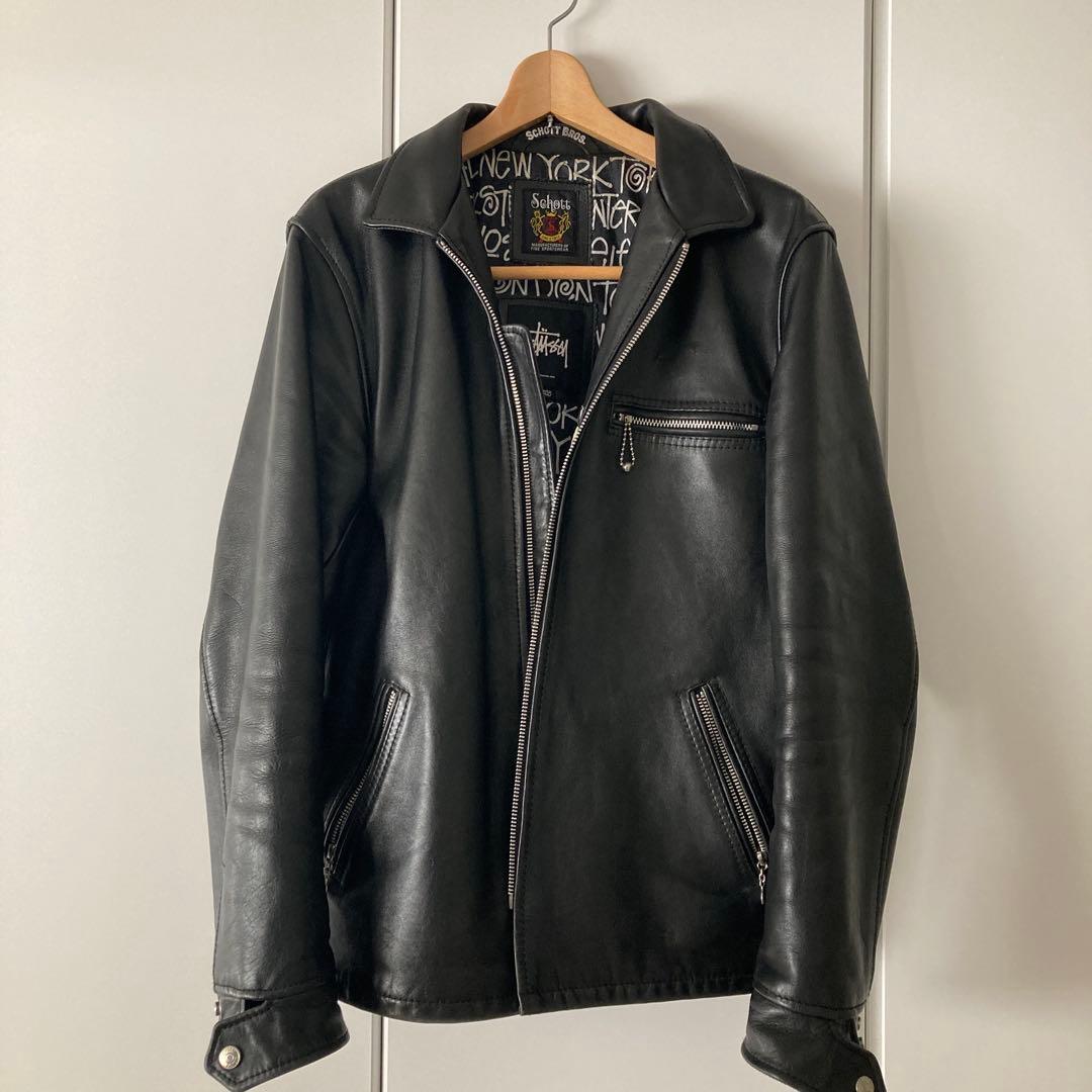 Lサイズ⭐︎schott✖️stussy シングルライダースジャケット STÜSSY x Schott NYC のオールドアーカイブをサンプルとしたレザー