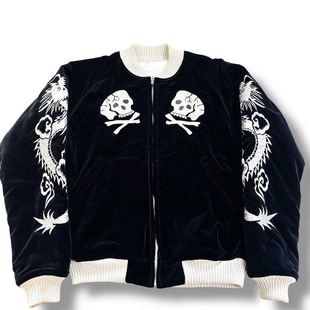 美品 フラットヘッド 別珍 スカジャン 髑髏 龍 リバーシブル 黒 シルバー
