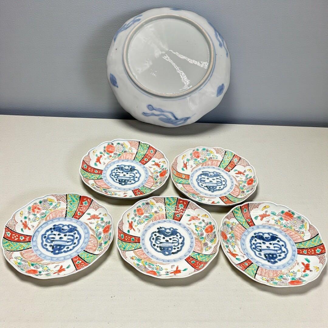 明治時代 色絵 中皿 希少 5客揃え 和食器 古伊万里 時代物 手書き