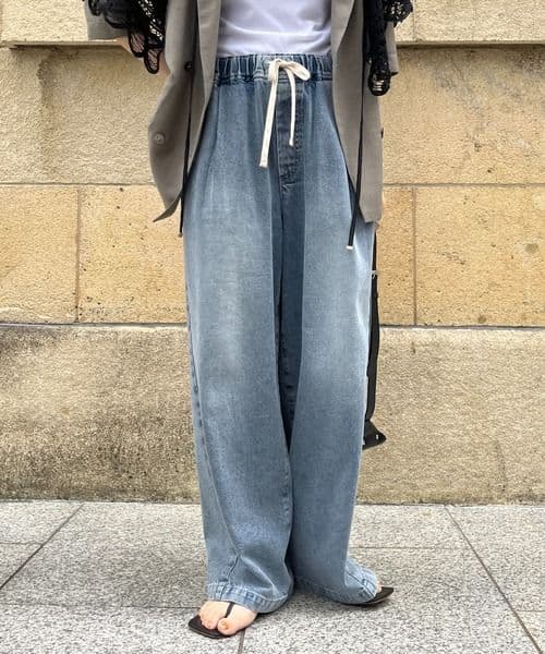 新品　DouDou　デニムワイドイージーパンツ　ブルー　ドゥドゥ