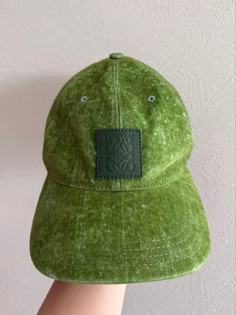 ロエベ キャップ フロックデニム グリーン アナグラム レザー