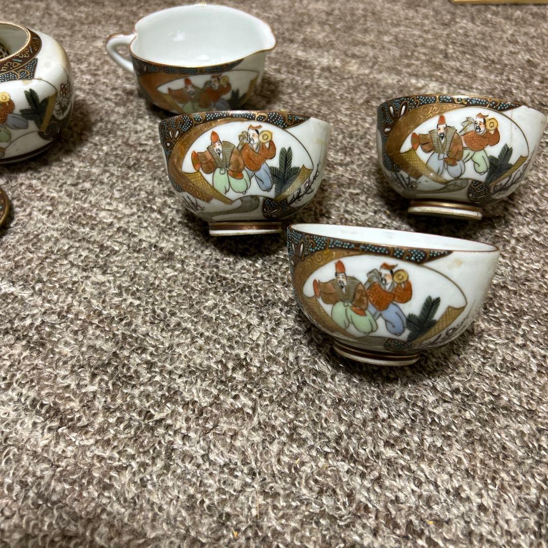 ⑥古九谷焼　茶器セット 九谷焼 高級 陶磁器 急須3点セット 小 宝尽くし緑塗り 裏絵(Kutani