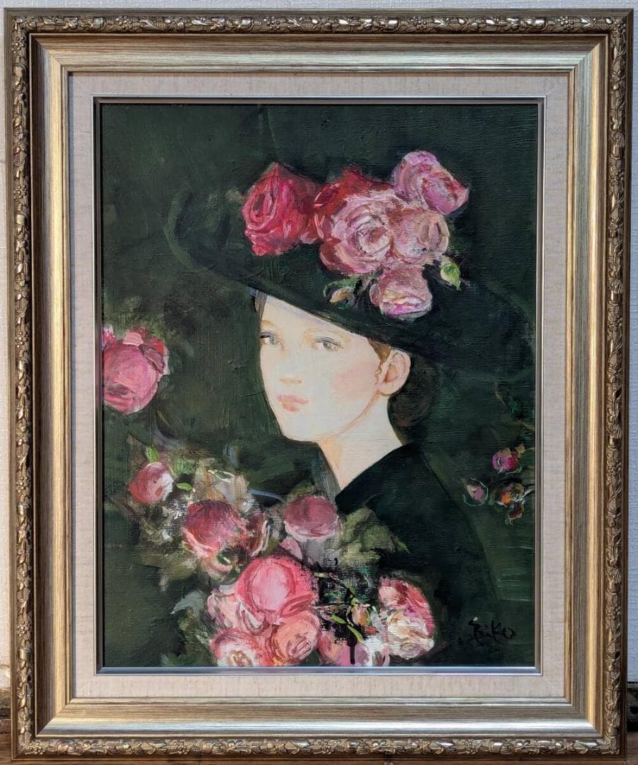 【真作】絵画　中島裕子　油彩6号　モーニングローズ　優雅なる視線　箱入　X74