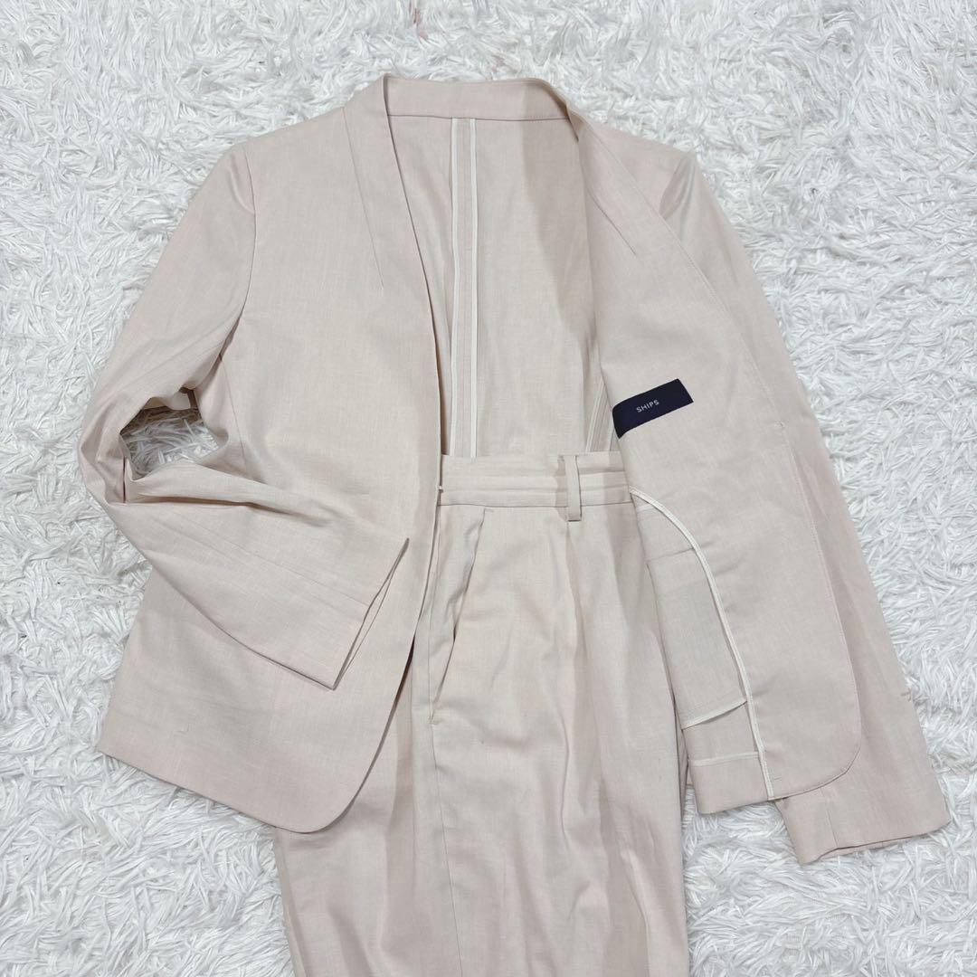 シップス ノーカラー　スーツセットアップ アイボリー ピンク　リネン　38 M
