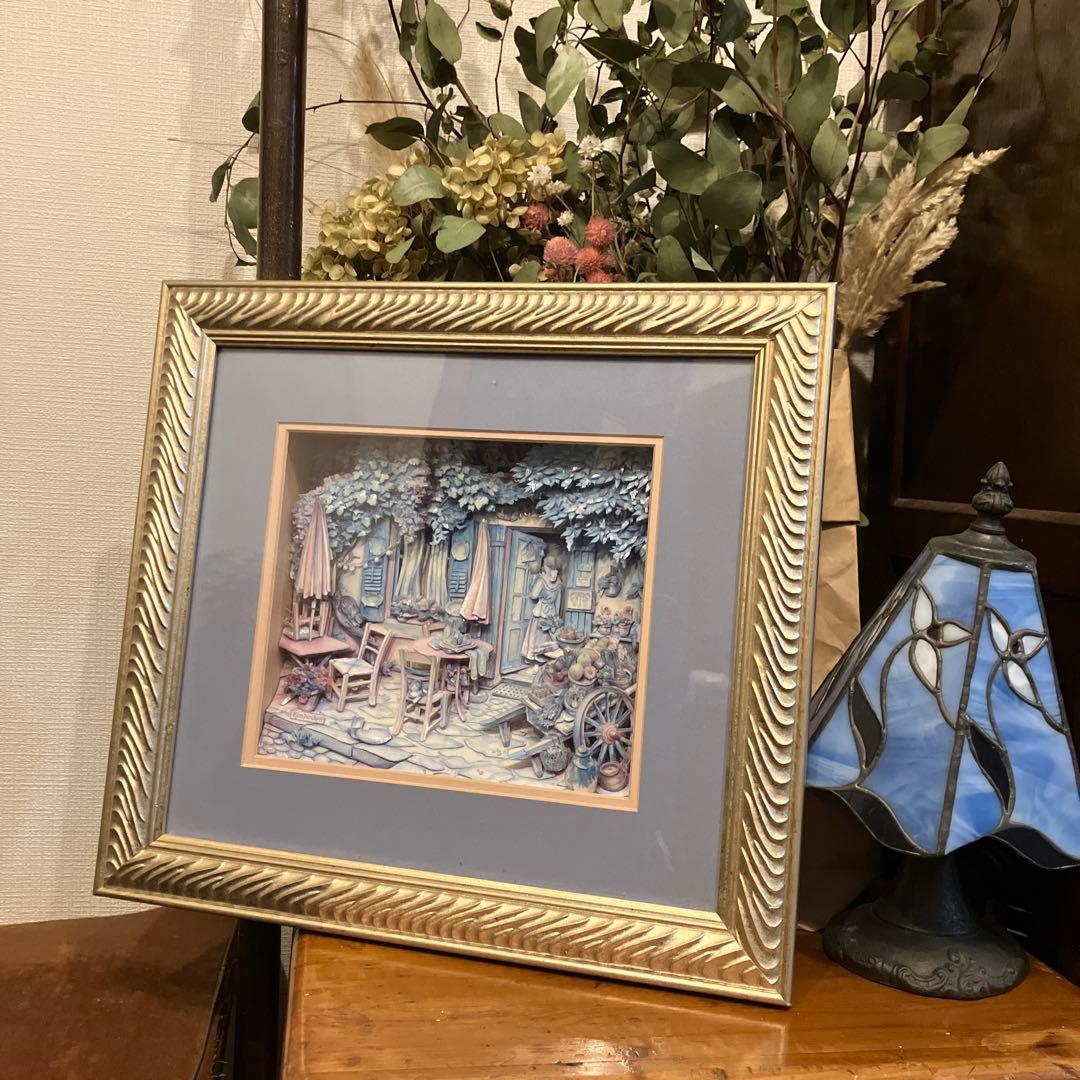 シャドーボックス完成品　kim Jacobs 額付き　立体アート　カフェ風景