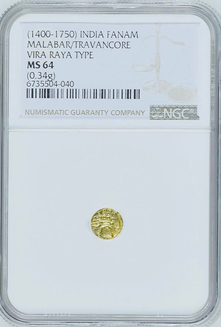 1400-1750年 マラバール/トラヴァンコール ファナム金貨NGC MS64 1400-1750年 マラバール/トラヴァンコール ファナム金貨NGC MS64 2025