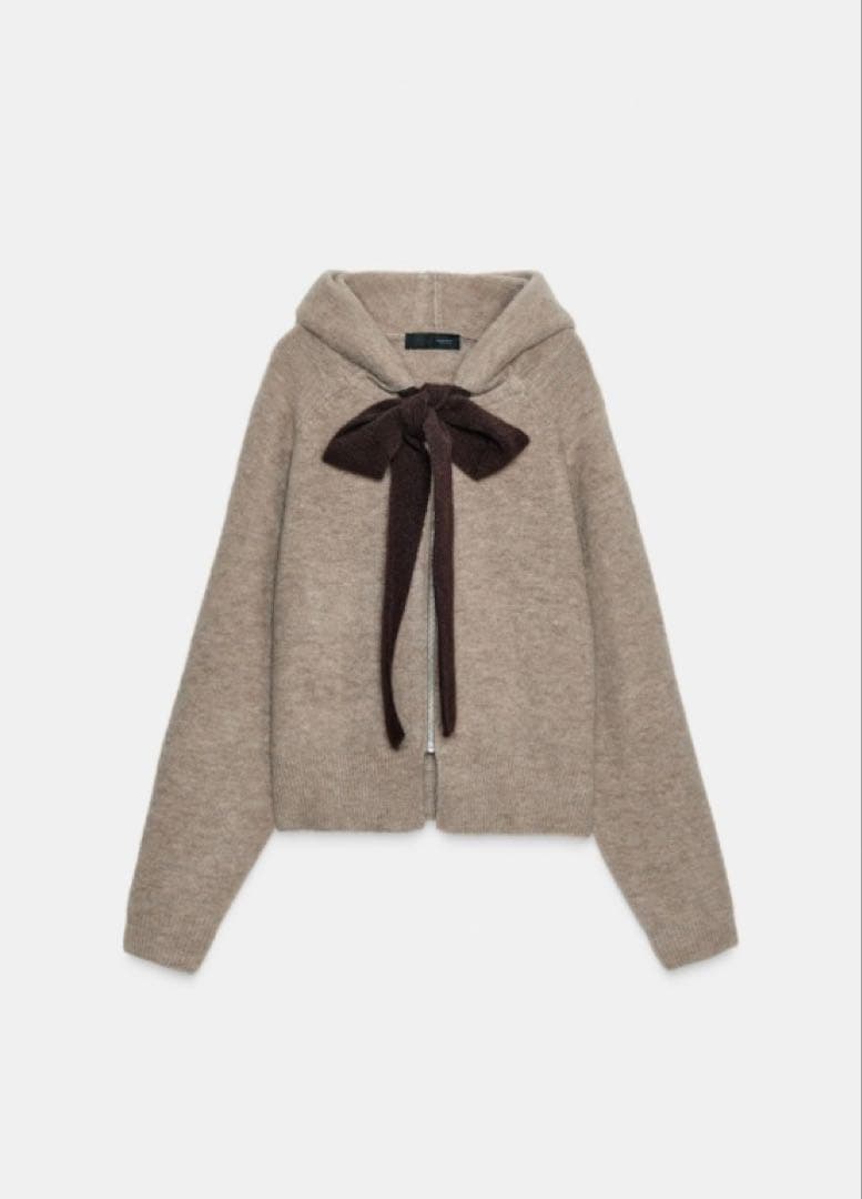 ZARAフード付きタイベルトニットカーディガン　リボン　M