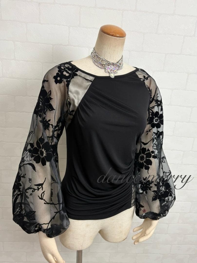 ＊新品　社交ダンス　トップス　黒　ベージュ　長袖　バルーン袖　パーティ　1476