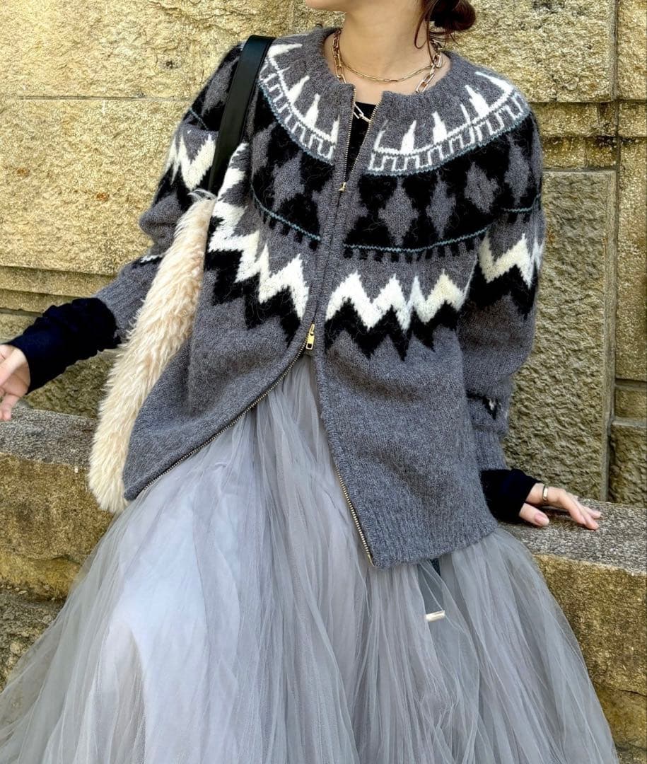 DOUDOU ノルディック柄ジップニットカーディガン