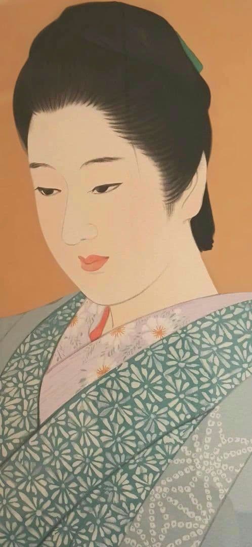 伊東深水リトグラフ（石版画)作品名夜會巻、1996頃出版額入り（アクリル)