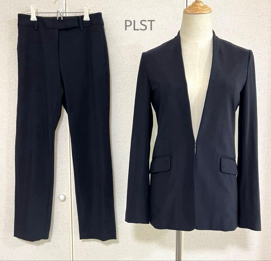 PLST プラステ 洗える パンツスーツ ノーカラー セットアップ 黒 S