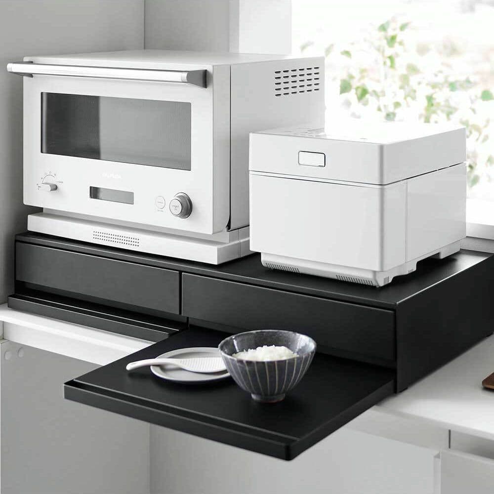 【Tower】ツーウェイキッチン家電下引き出し＆スライドテーブル W80 (黒)