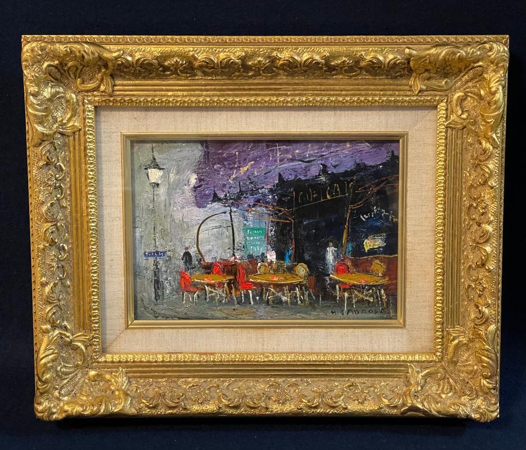 「真作」定岡宏「PARIS カフェロイ」風景画　油彩画　額装　サイン有り　SM号