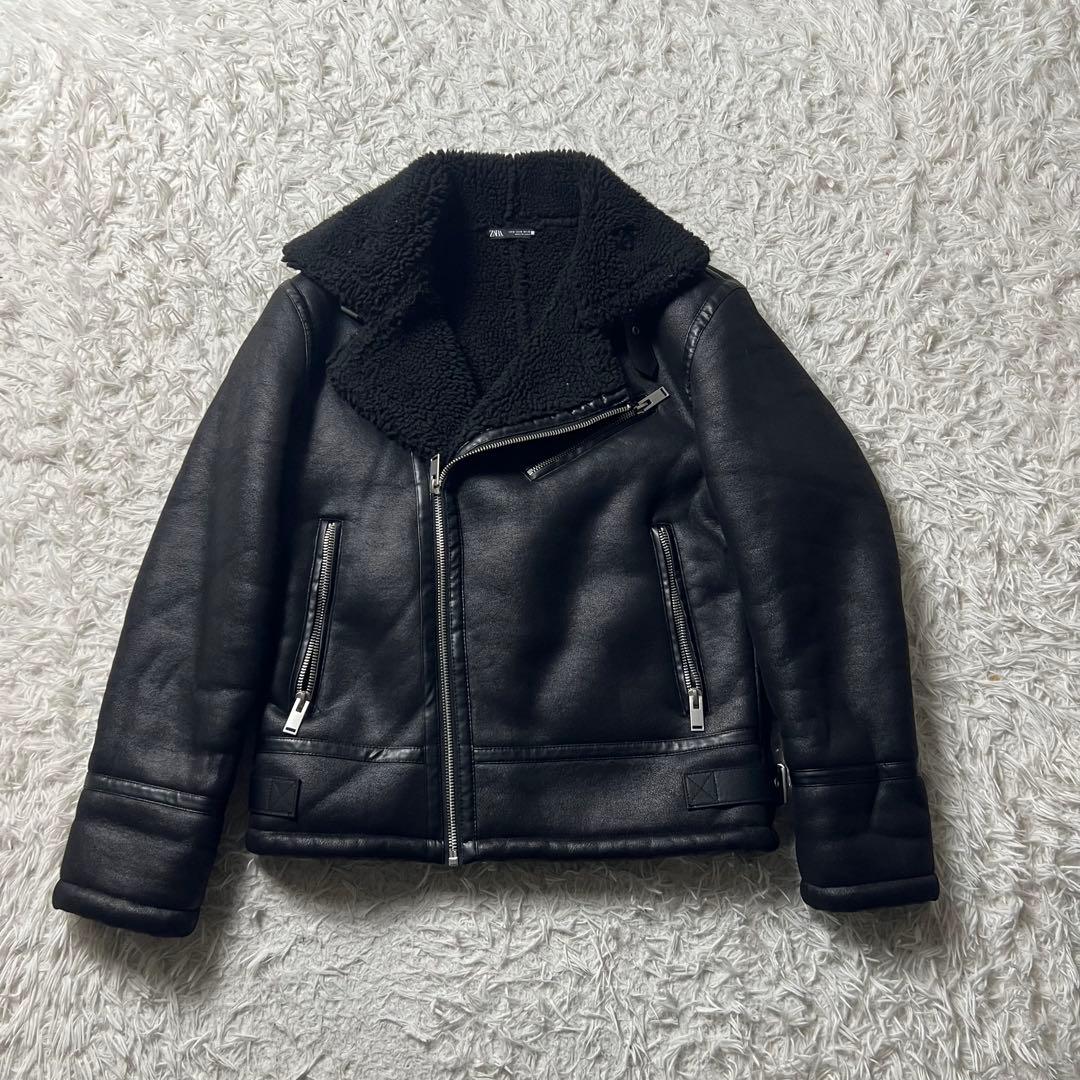 ZARA ザラ ライダース フェイクムートン ボア レザージャケット 黒 M