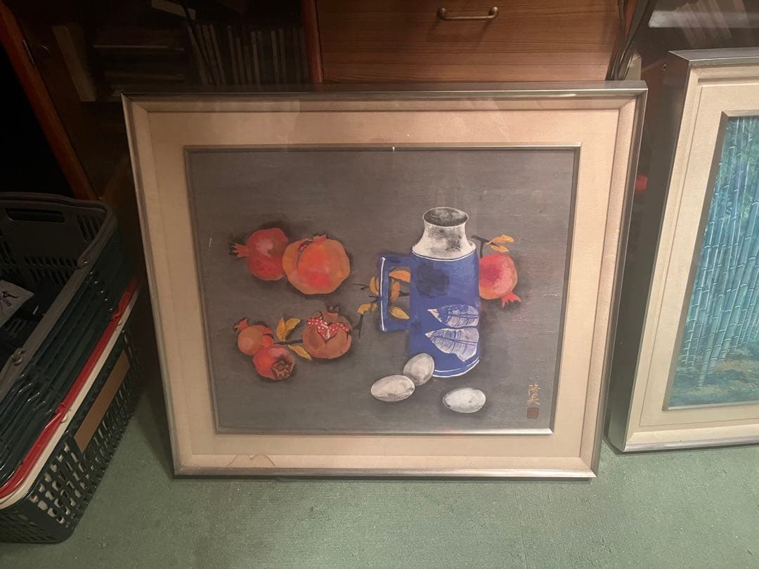 油彩画 果物と陶器 落美 肉筆油彩画 「備前と椿」 萩原 淳 F6号 美術品 油絵 インテリア 額縁