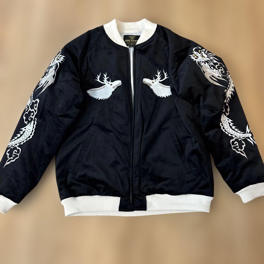 新品＊HOUSTON ヒューストン 別珍スカジャントナカイブラックL HOUSTON（ヒューストン） スカジャン メンズ 別珍 トナカイ 龍