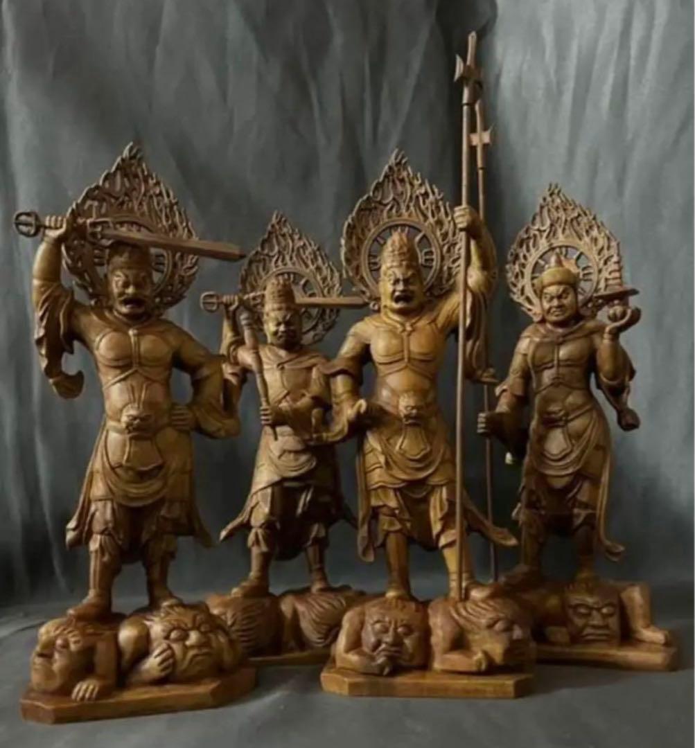 総柘植材　仏教工芸品　時代彫刻　一刀彫　極上彫　木彫仏像　四天王立像