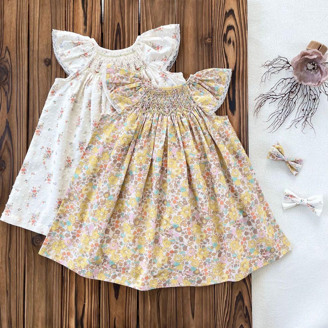 新品 イエロー 小花柄 スモッキング ワンピース ボンポワン 好き